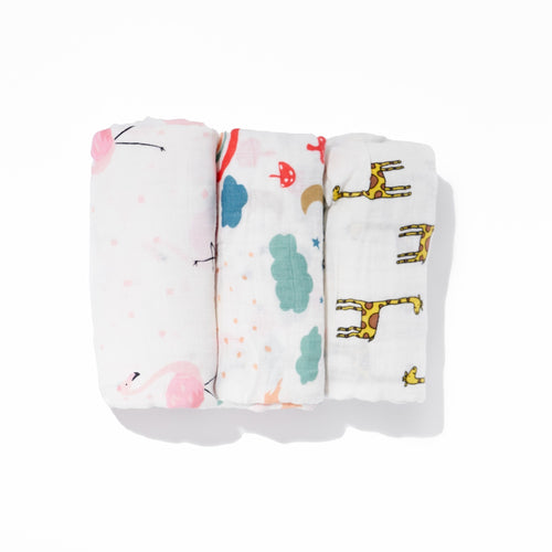 3- Pack Baby Swaddle | Swaddle Blanket | Sleep Sack | Burp Cloth | Newborn Swaddles | Muslin Swaddle Blanket | Flamingo, Giraffe, Unicorn - EliteBaby