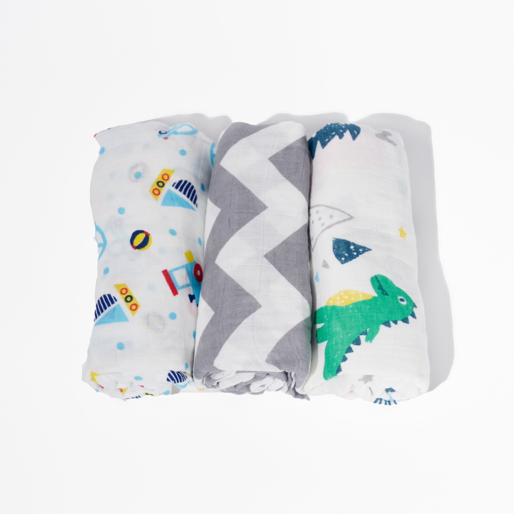 3-Pack Baby Swaddle | Swaddle Blanket | Sleep Sack | Burp Cloth | Newborn Swaddles | Muslin Swaddle Blanket | Dinosaurs, Boats, Trains, Cars, Chevron - EliteBaby